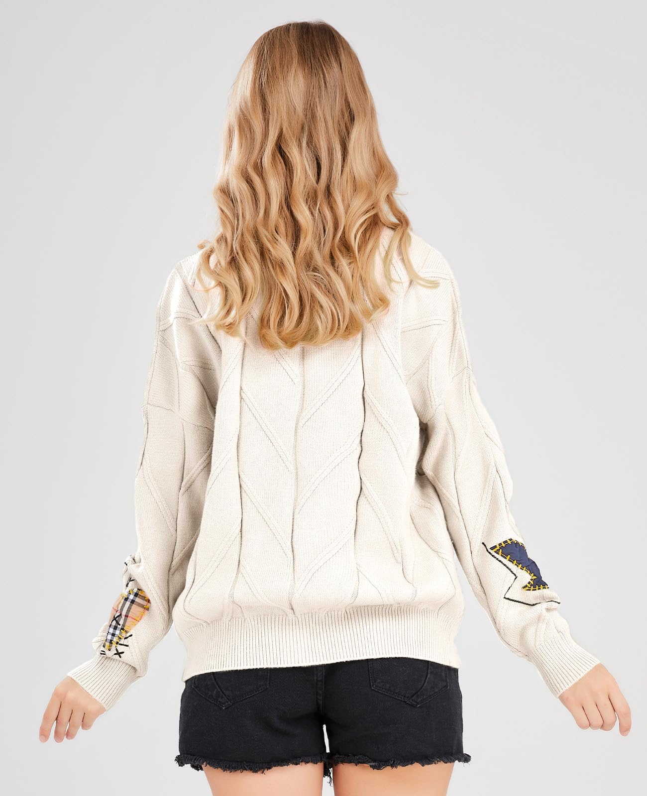 Women's Cable Knit Long Sleeve Open Front Cardigan Sheep V-Neck Button Down Embroidery Wool Blend Sweater Coat Outwear (L,Beige)
