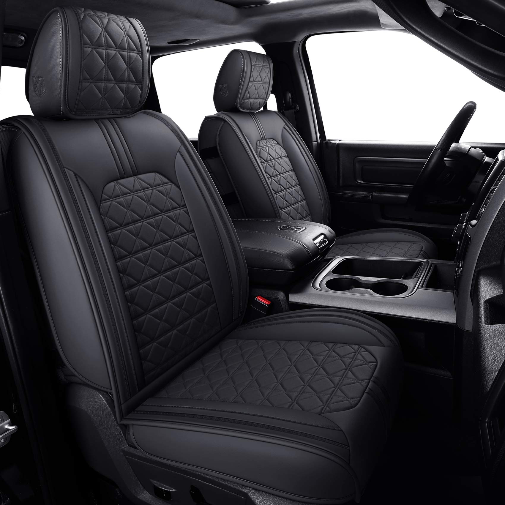 YIERTAI Dodge RAM Seat Covers Fit for 2009-2025 2026 1500HD 2010-2026 2500/3500HD Truck Full Set Crew Double Cab Quad Cab Waterproof Faux Leather Seat Covers(5 PCS Full Set/Black)