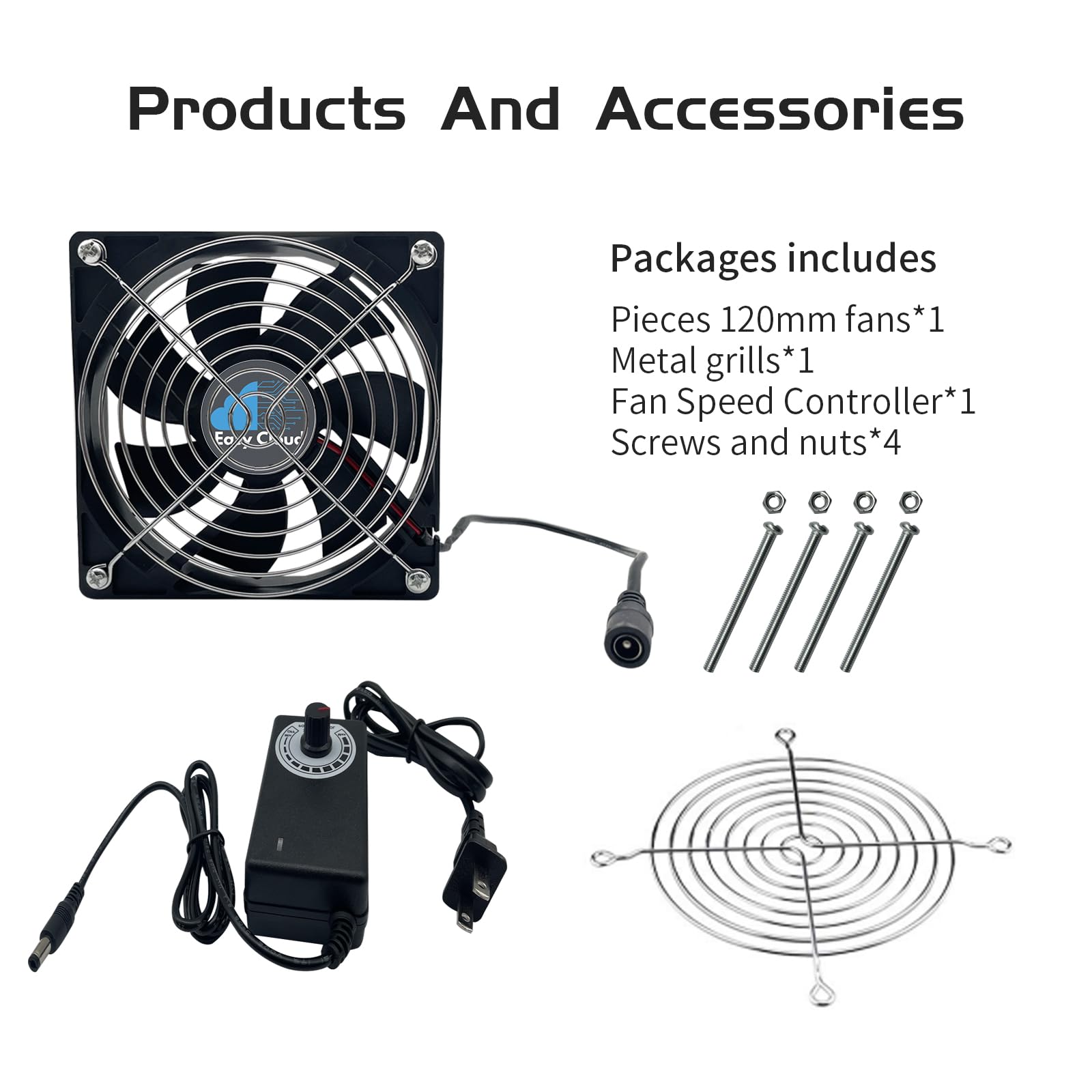 Easy Cloud Computer Fan with AC Plug, 120mm Variable Speed Axial Muffin PC Fan with Controller 120V 110V 220V Small 12V Case Cooling for PC Server Cabinet DVR TV Router Receiver Xbox Greenhouse