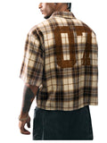 GORGLITTER Men's Gingham Cropped Shirt Button Up Number Graphic Boxy Short Sleeve Vacation Crop Tee Tops Streetwear Brown Large