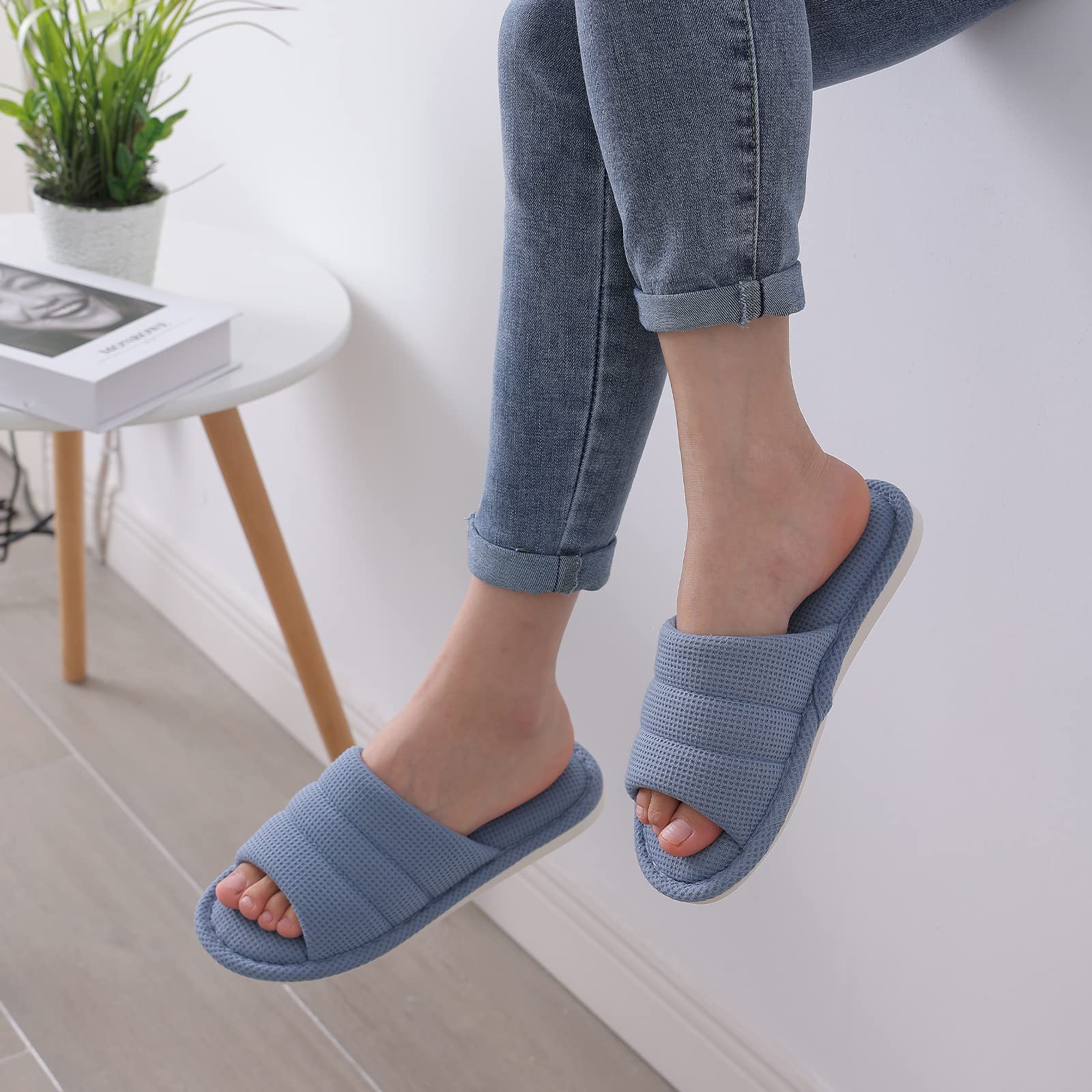shevalues Summer House Slippers for Women Men Breathable Waffle Indoor Slippers Slip-on Open Toe Home Shoes, Blue 7.5-8.5 Women Men/6-7men