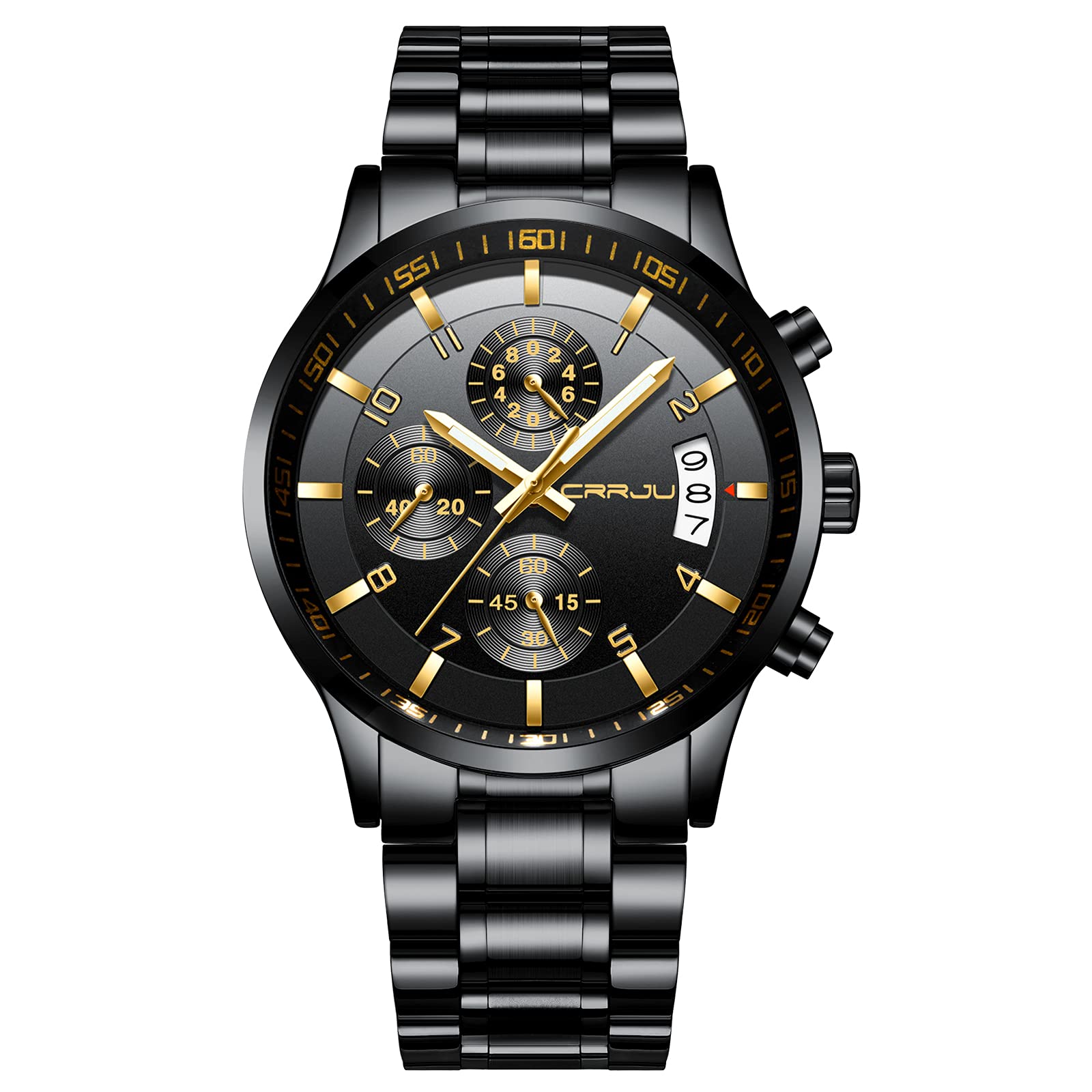 CRRJU Watches for Men,Fashion Luxury Casual Stainless Steel Japan Movement Waterproof Business Quartz Wristwatches,Man Black Golden Watch
