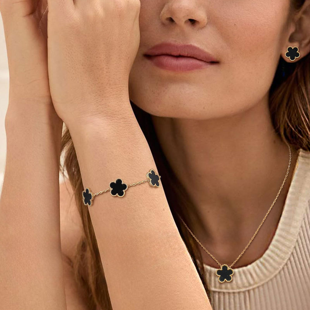 Gold Necklaces Bracelets Earring Set - 18K Gold Plated Flower Bracelet ,Stainless Steel Non Tarnish Floral Pendant Stud Jewelry Sets,Christmas Birthday Lucky Gift for Mom Wife Daughter Girlfriend