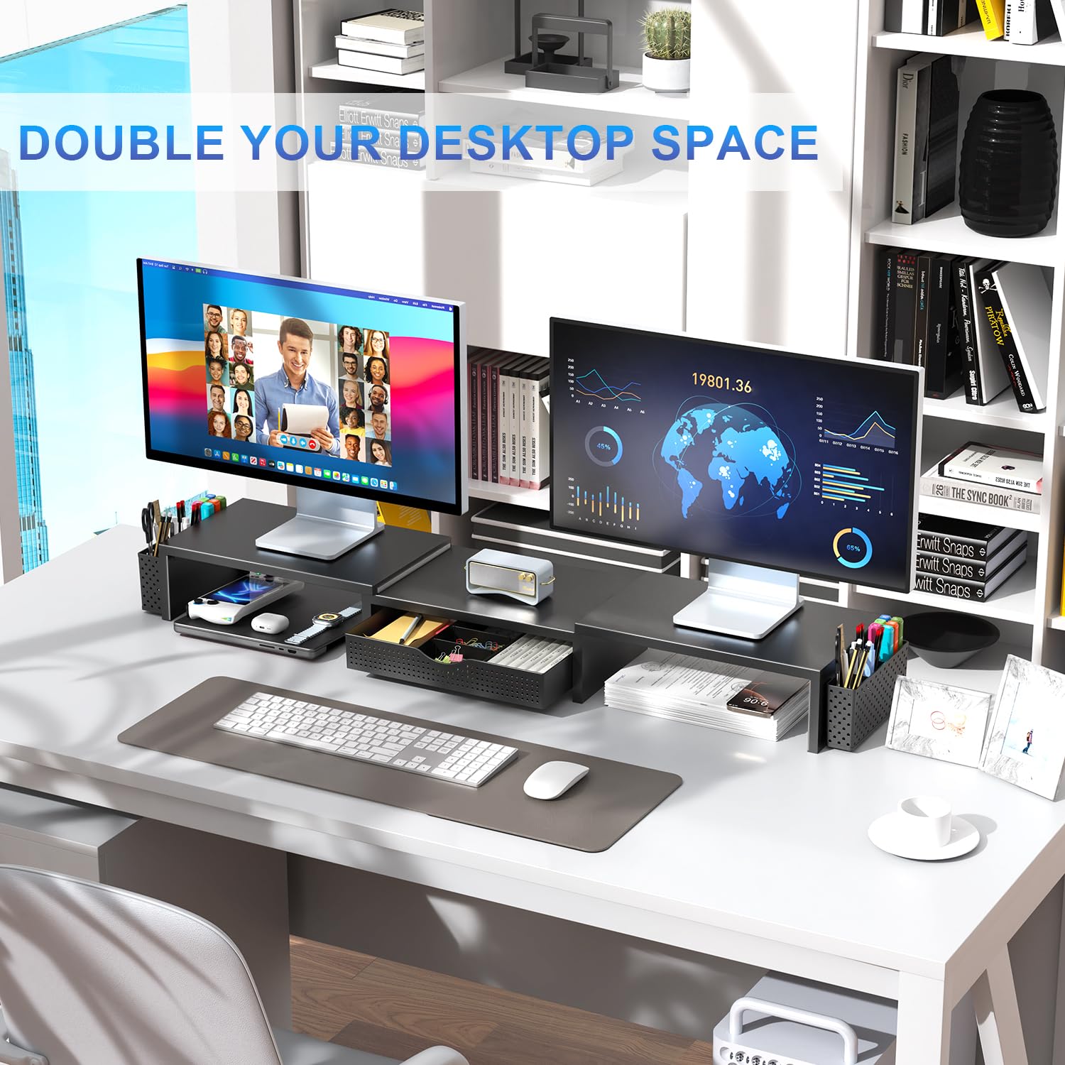 gianotter Dual Monitor Stand Riser, Desk Organizer With Drawer and 2 Pen Holders, Computer Monitor Stand, Shelf for Top of Desk, Black