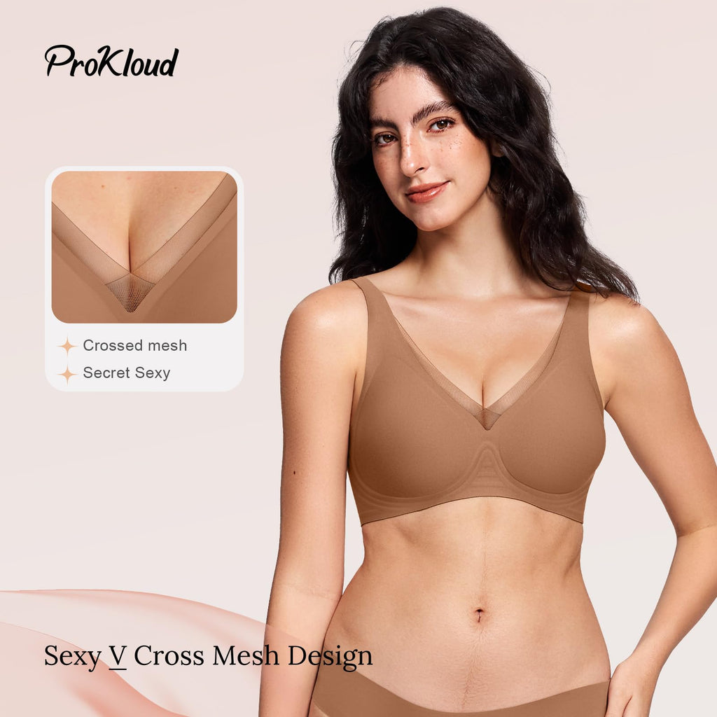 ProKloud Wireless Bra for Women No Underwire Deep V Mesh Bras Seamless Comfortable Push Up Bralettes with Support and Lift