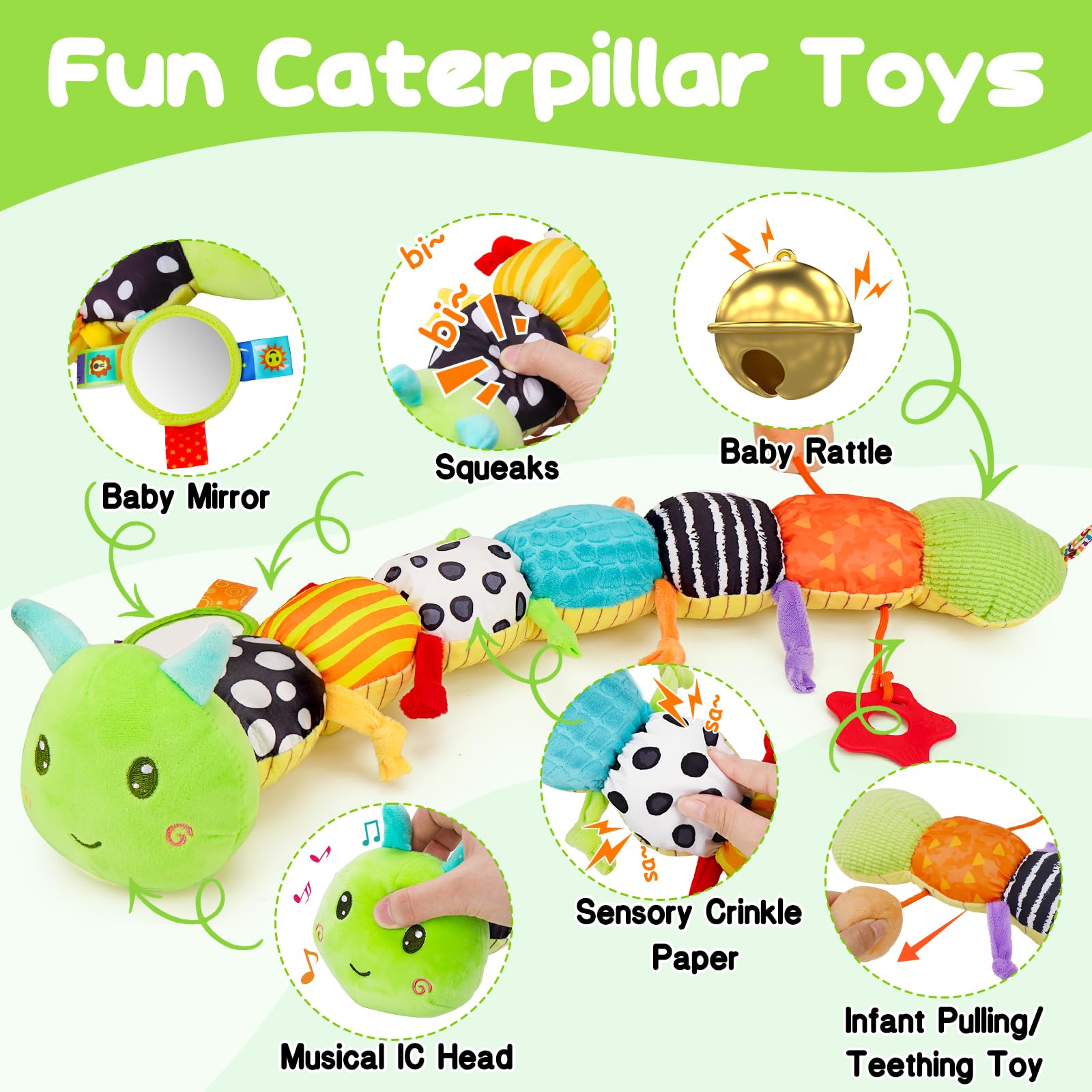 Baby Sensory Toy 0-6 Month Music Animal Stuffed Plush Caterpillar Toy for Infant 0-3-6-12 Month Old Tummy Time with Baby Mirror Crinkle Rattle Carseat Toys for Newborn Boys Girl Shower Gifts