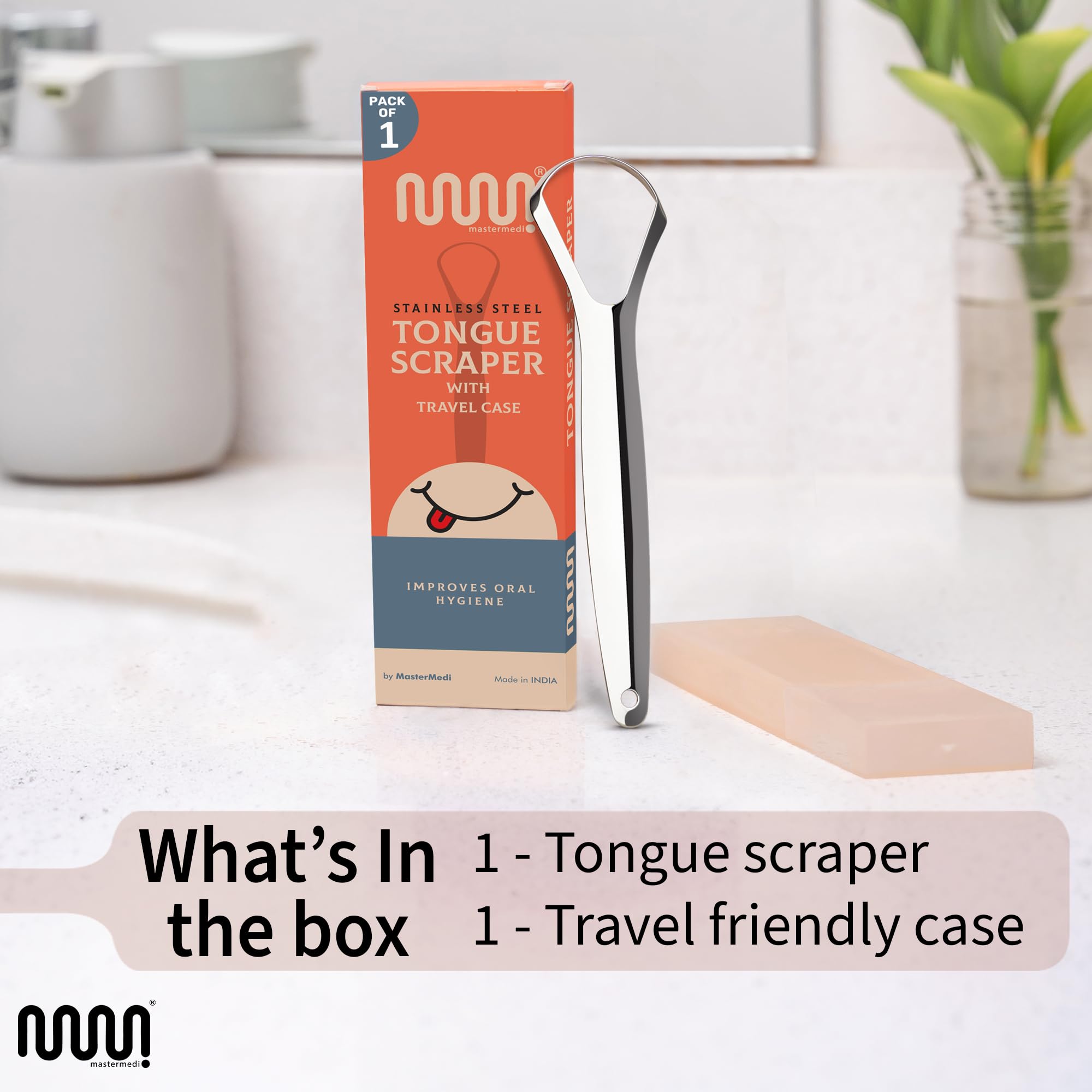 MasterMedi Tongue Scraper for Adults, 100% Stainless Steel Tongue Scrubber for Bad Breath, Easy to Use, Tongue Cleaner for Oral Care & Hygiene (SPTC-1|with Case)