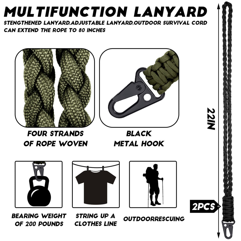 Frienda 2 Set Heavy Duty Paracord Lanyard Necklace Whistles Strap Braided 550 Keychain Lanyard for Outdoor Activities (Black, Army Green)