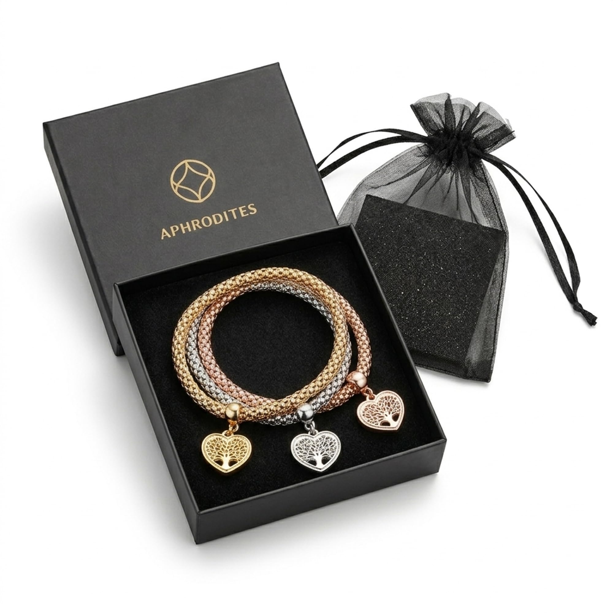 Aphrodite's Tree of Life Heart Edition Charm Bracelet with Austrian Crystals – Gold, Silver & Rose Gold Plated Popcorn Chain Bracelet Set for Women