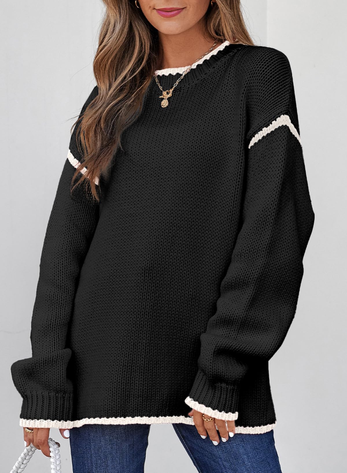 SHEWIN Fall Sweaters for Women 2025 Trendy Long Sleeve Drop Shoulder Womens Tops Oversized Sweater Business Casual Loose Cozy Warm Winter Clothes,US 12-14(L),Black