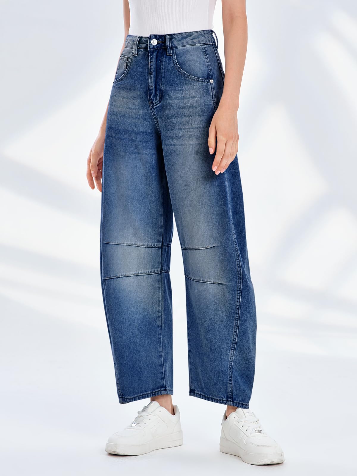 PLNOTME Women's Baggy Boyfriend Jeans Vintage Wide Leg Mid Rise Barrel Denim Ankle Pants