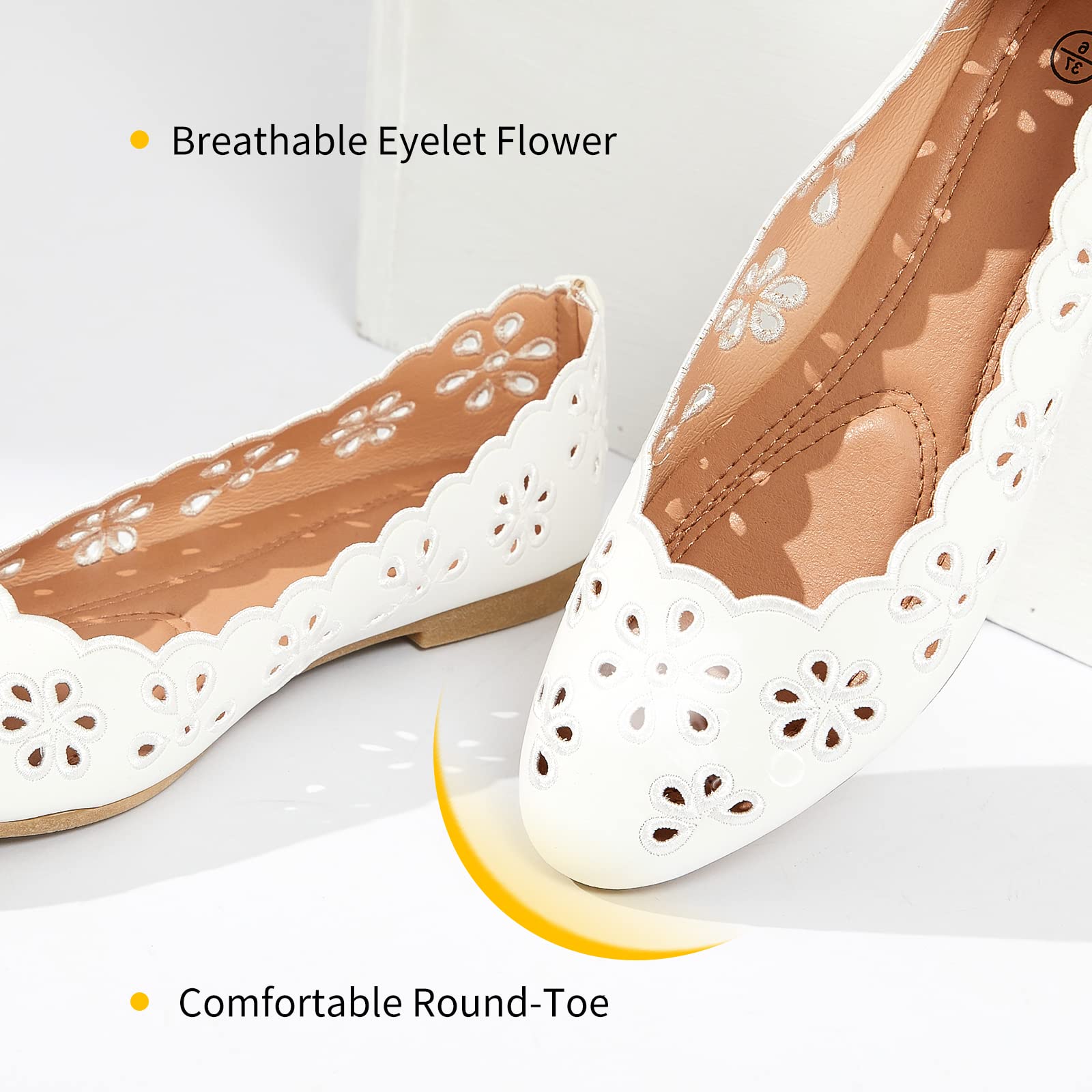 FRACORA Women's Ballet Flats Black PU Leather Dress Shoes Comfortable Round Toe Slip on Flats with Breathable Eyelets(White.US8)