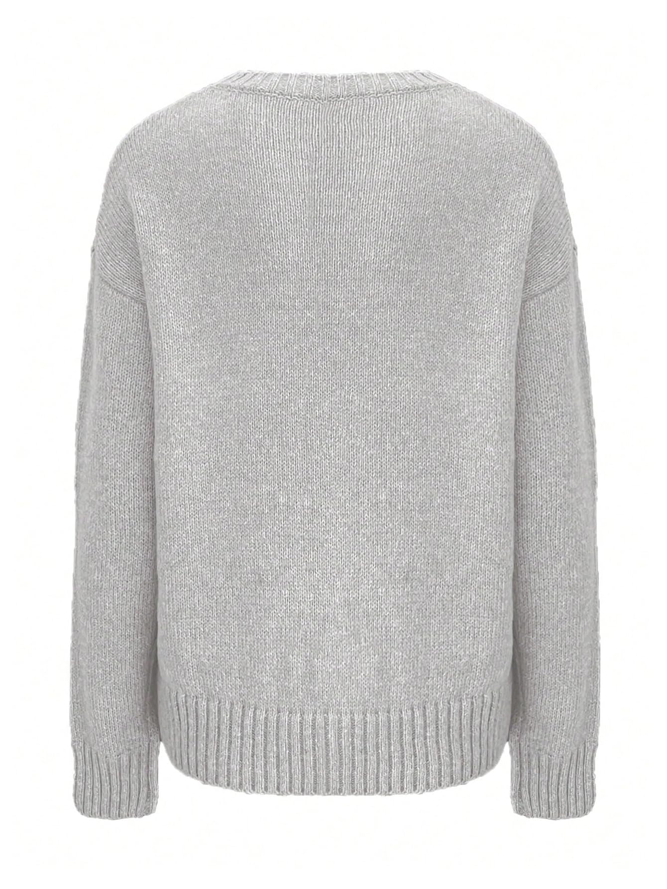 WDIRARA Women's Cat Graphic Sweater Long Sleeve Crew Neck Knit Tops Casual Knitwear Grey Small