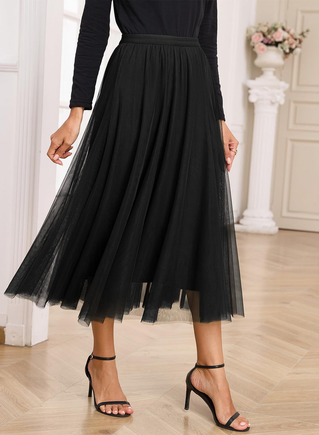 Happy Sailed Black Skirt for Women Elastic High Waisted A-Line Tulle Skirt Pleated Flowy Long Skirts Date Night Outfit Womens Clothes Black XL