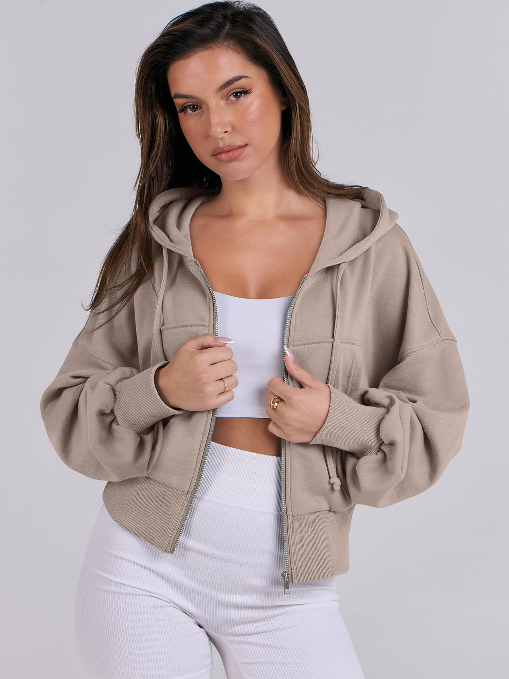 ANRABESS Womens Zip Up Hoodies Cropped Sweatshirts Casual Comfy Cute Zip Jackets Fashion Trendy Fall Outfits 2026 Y2K Clothes Khaki Medium