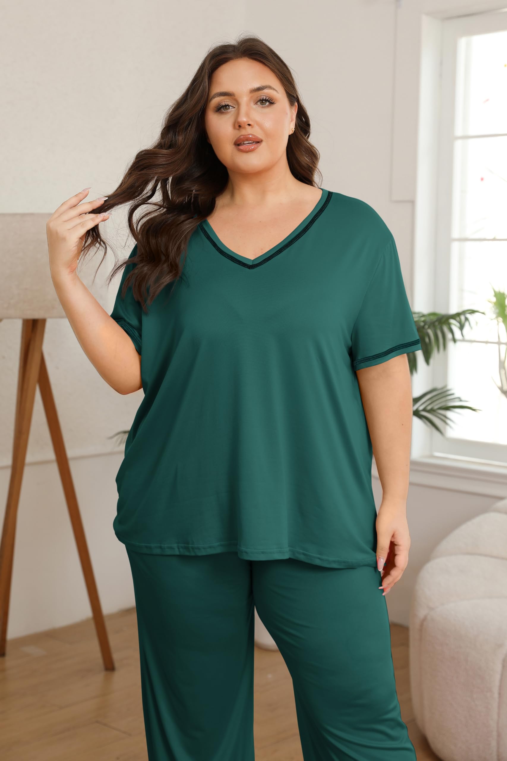 Vozanet Women's Plus Size Pajama Sets Short Sleeve Long Pants Solid Color with Piping Trim Elegant Loungewear Cozy Sleepwear with Pockets, Dark Green, XX-Large