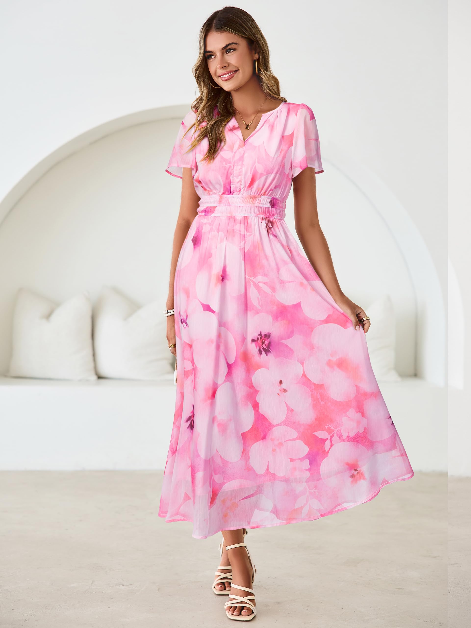 Simplee Women Floral Summer Maxi Dress Boho Flowy Casual Chiffon Short Sleeves V Neck Long Wedding Guest Dresses Pink White Floral M