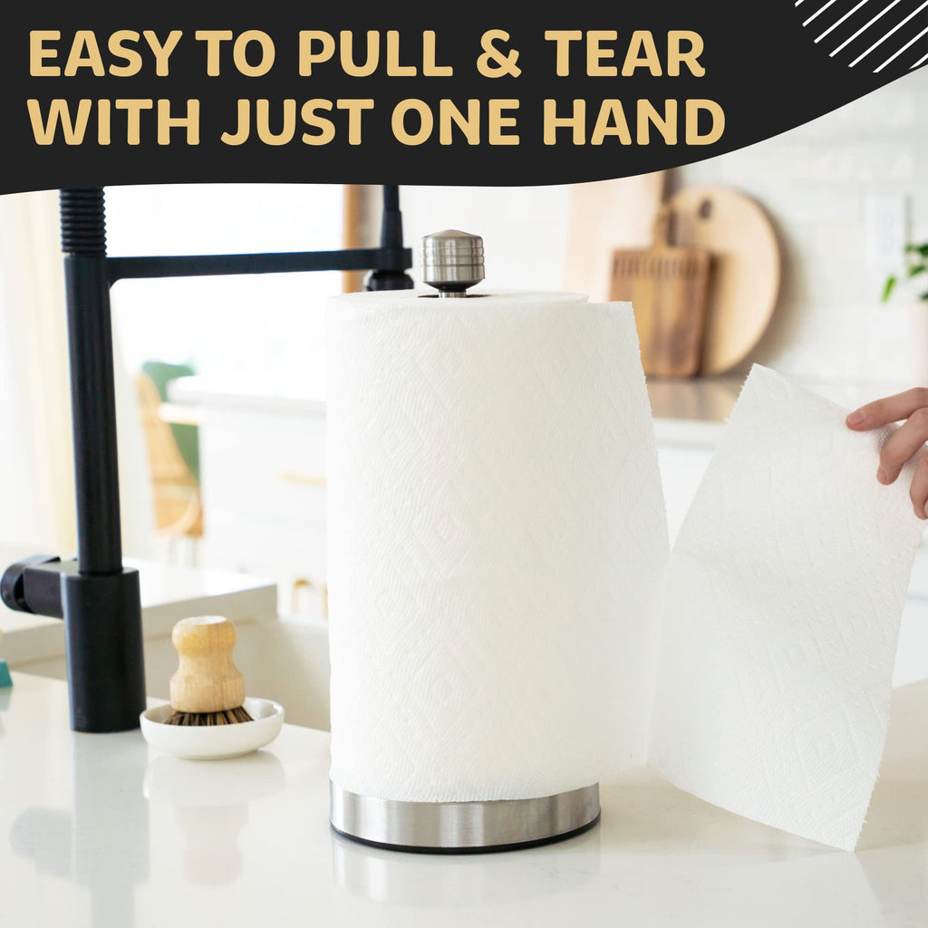 Dear Household Stainless Steel Paper Towel Holder Easy One-Handed Operation - This Sturdy Weighted Paper Towel Dispenser Countertop Model Has Suction Cups and Holds All Paper Towel Rolls - Silver