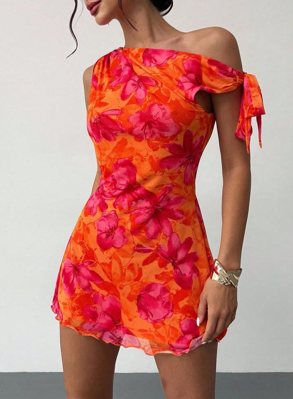 Acelitt Women's Fashion 2026 Summer Floral Off Shoulder Bodycon Dress Cocktail Party Mini Dresses Orange Medium
