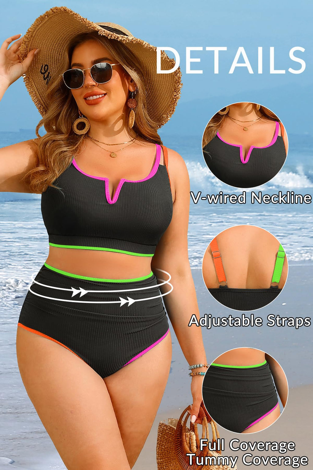 Yonique Women Plus Size High Waisted Bikini - Ribbed Two Piece Swimsuit Tummy Control Bathing Suit V-Wired 2025 Swimwear Colorful Black 14W