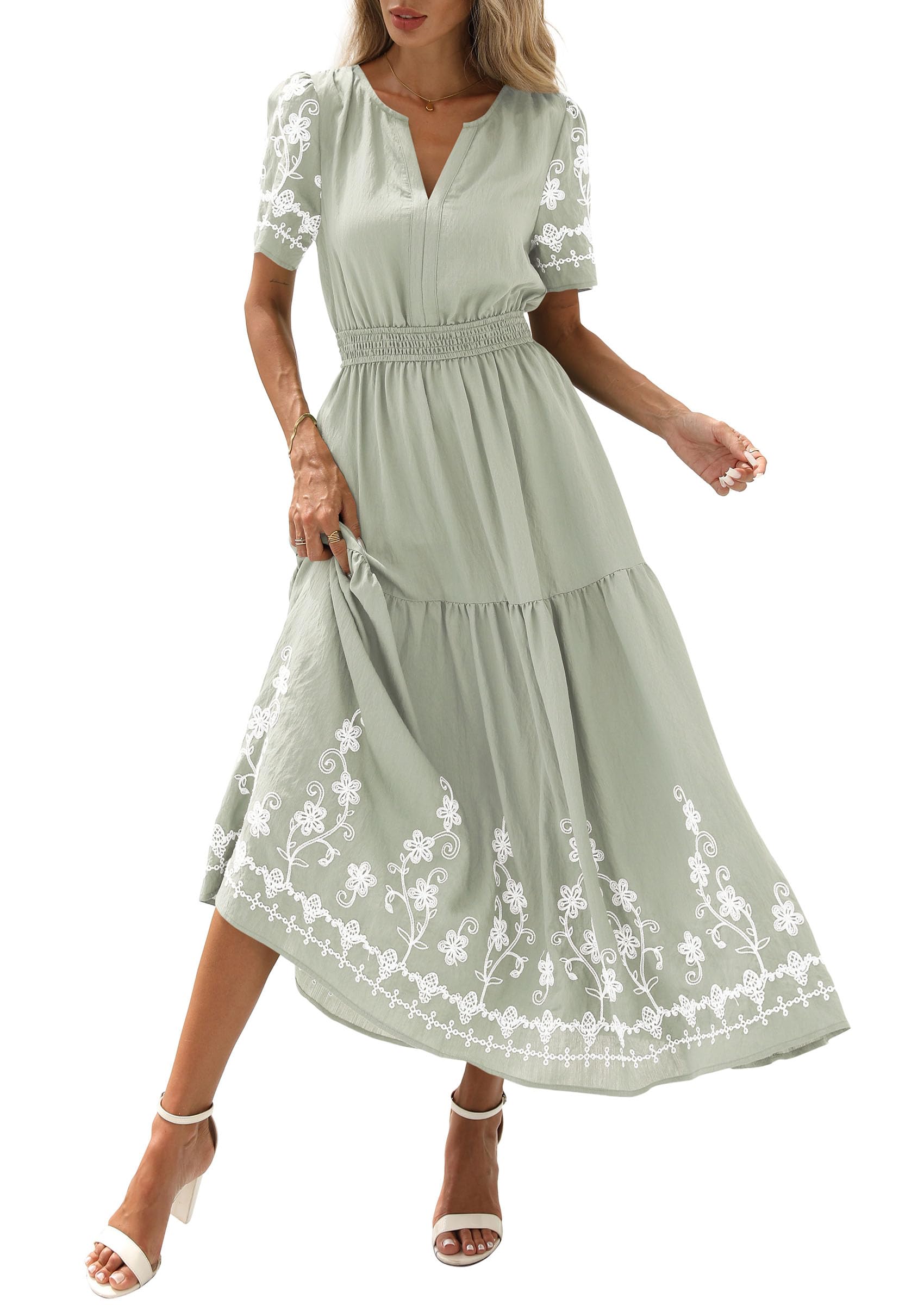 PRETTYGARDEN Women's Summer Boho Maxi Dress 2026 Spring Floral Short Sleeve V Neck A Line Flowy Beach Wedding Guest Dresses (Light Green,XX-Large)