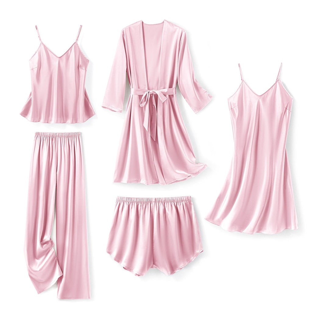 SAPJON Silk Pajamas for Women 5Pcs Sleepwear Loungewear Satin Robe Cami Shorts Pj Set Pink