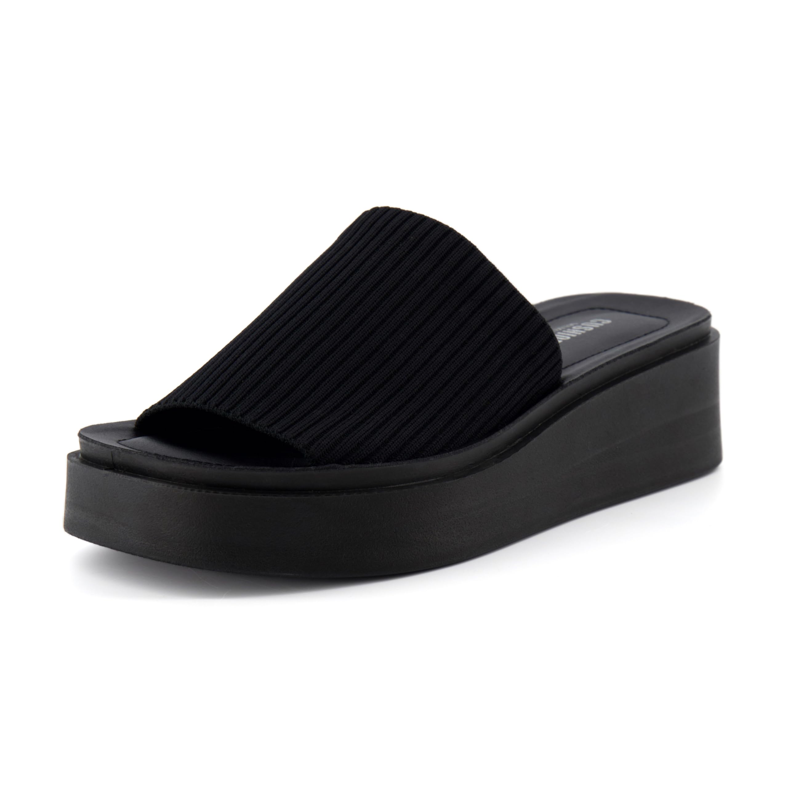 CUSHIONAIRE Pim Wedge Chunky Platform Womens Sandals with Firm Knit Upper & Memory Foam Summer Sandals for Women 2026, BLACK 7