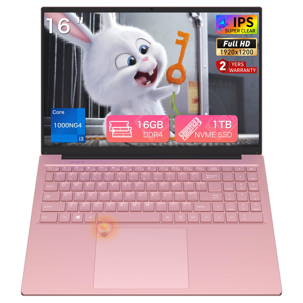 Auusda 16" FHD Traditional Laptop Computers, i3 Processor, WiFi 6 Bluetooth 5.3, Laptops Notebook for Home Office Study, Type-C, Backlit Keyboard, Fingerprint Unlock, Win11 Pro 16GB RAM 1TB SSD Pink