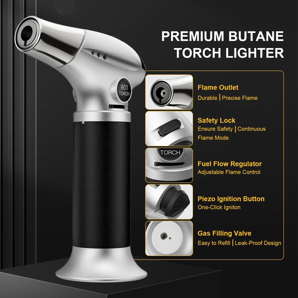 TBTEEK Butane Torch, Kitchen Torch Cooking Torch with Safety Lock & Adjustable Flame for Cooking, BBQ, Baking, Brulee, Creme, DIY Soldering(Butane Not Included)