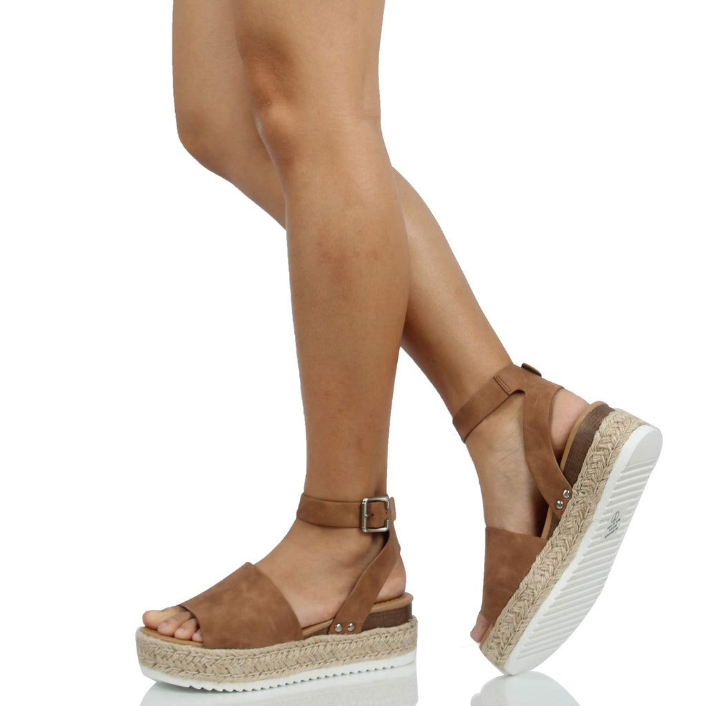 Soda Topic Open Toe Buckle Ankle Strap Espadrilles Flatform Wedge Casual Sandal (Tan, 10)