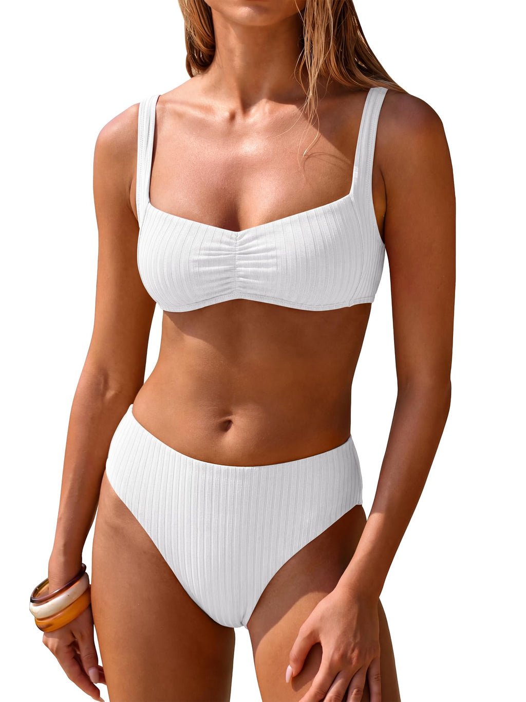 ANRABESS Womens Bikini Sets Two Piece Swimsuit Ribbed Front Ruched Mid Waisted Bathing Suit Color Block 2026 Beach Swimwear White M