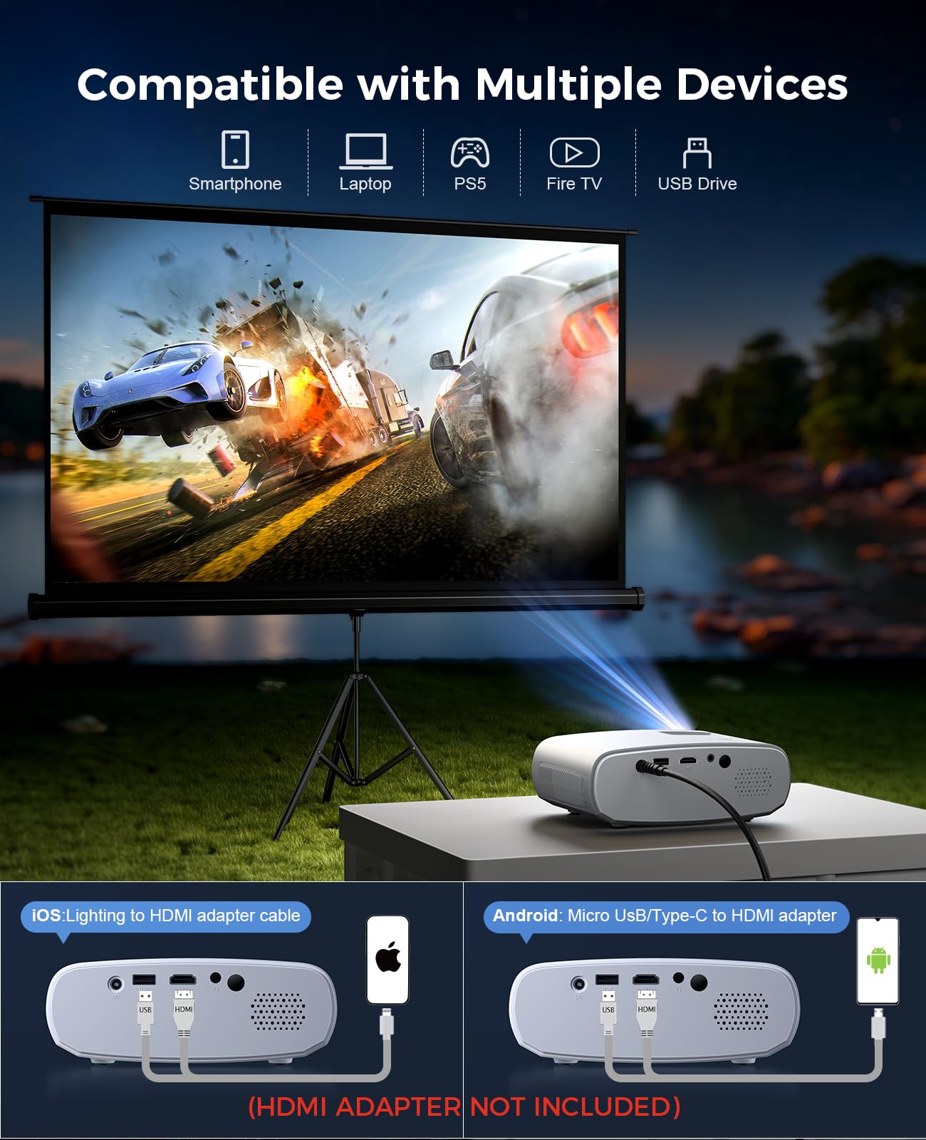 Mini Projector, ELEPHAS Portable Projector for iPhone, 7000L with Synchronize Smartphone Screen, Movie Projector with 1080P HD/200 Screen Support, Compatible with Android/iOS/TV Stick/HDMI/USB/SD