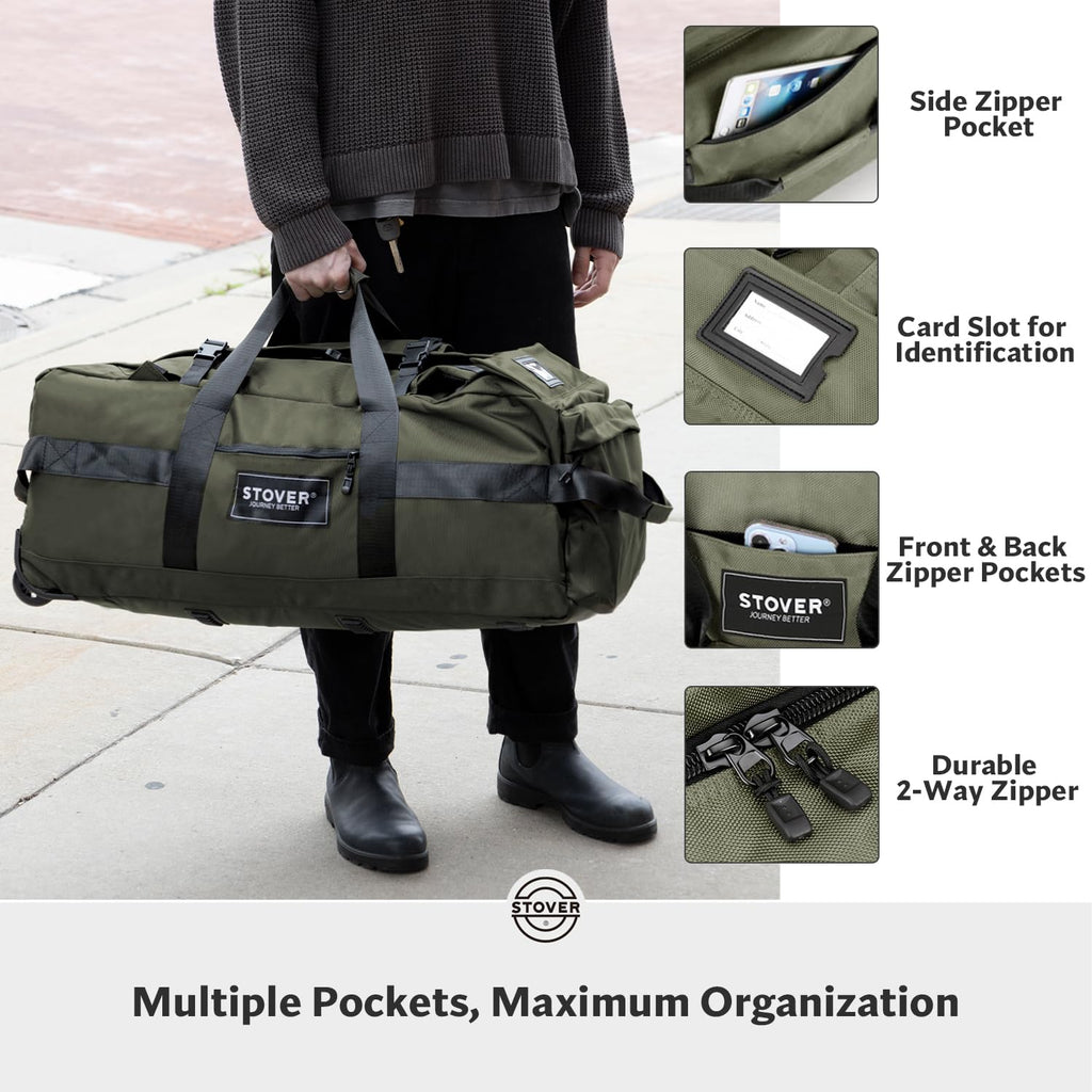 STOVER 45/80/100L Rolling Duffel Bag with Wheels, X-Large Durable Travel Duffle + Toiletry Bag, Heavy Duty, Packable with Shoulder Straps- Use as Luggage or Backpack, Men/Women (Green)