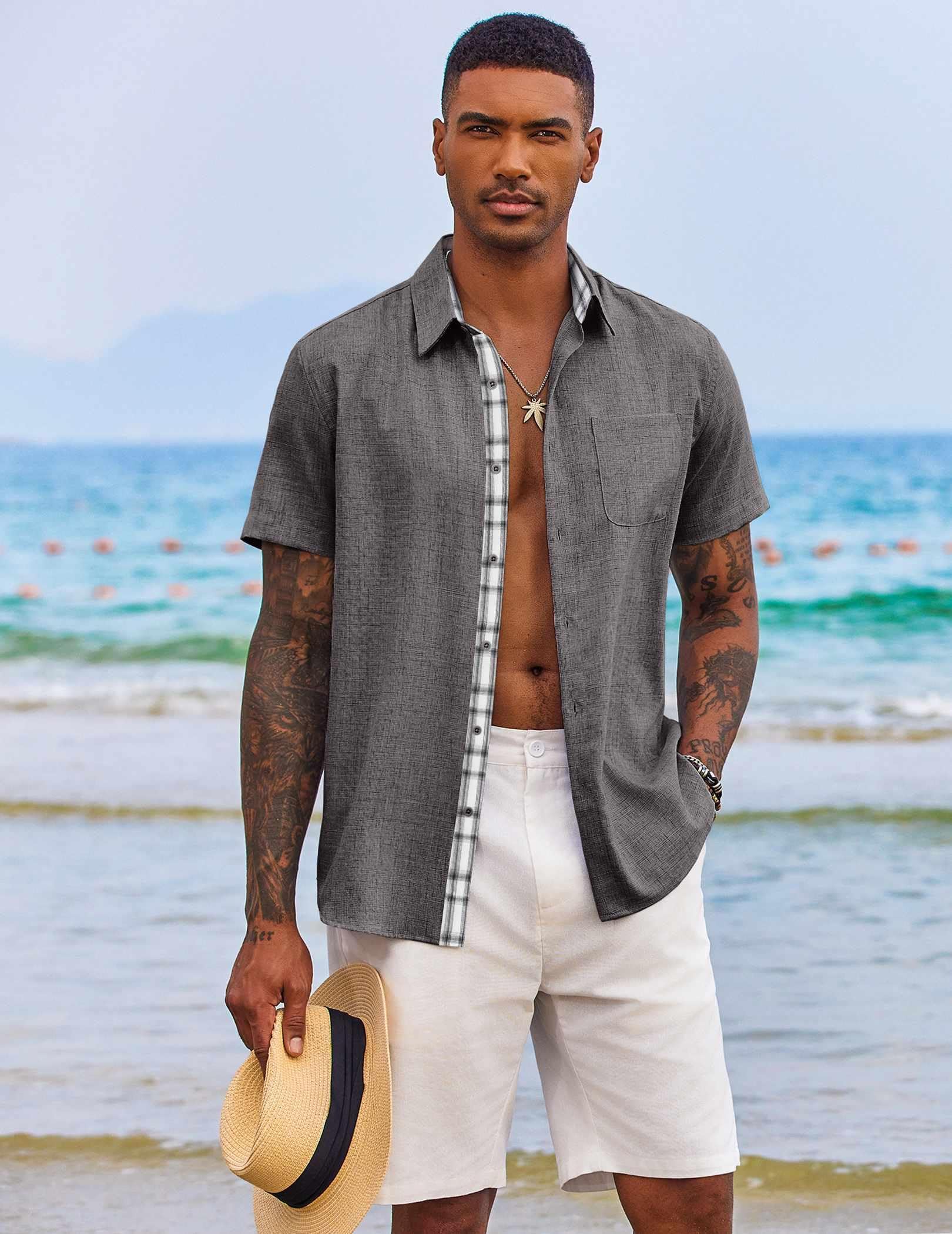 COOFANDY Men's Summer Shirt Casual Button Down Shirts Short Sleeve Dress Shirt A-Dark Grey