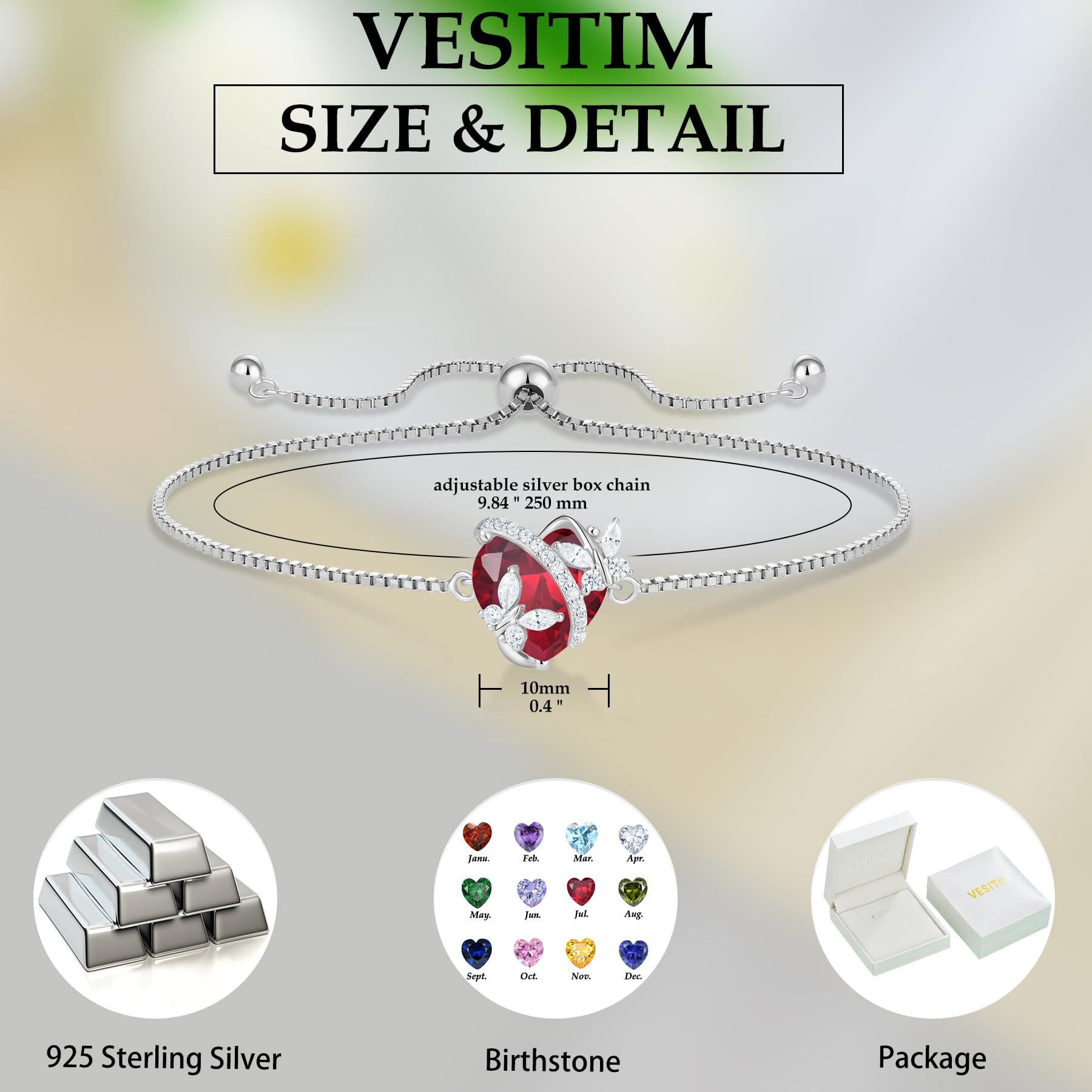 Vesitim Butterfly Bracelet for Women Sterling Silver Heart Jewelry Created Ruby Charm Link Bracelet