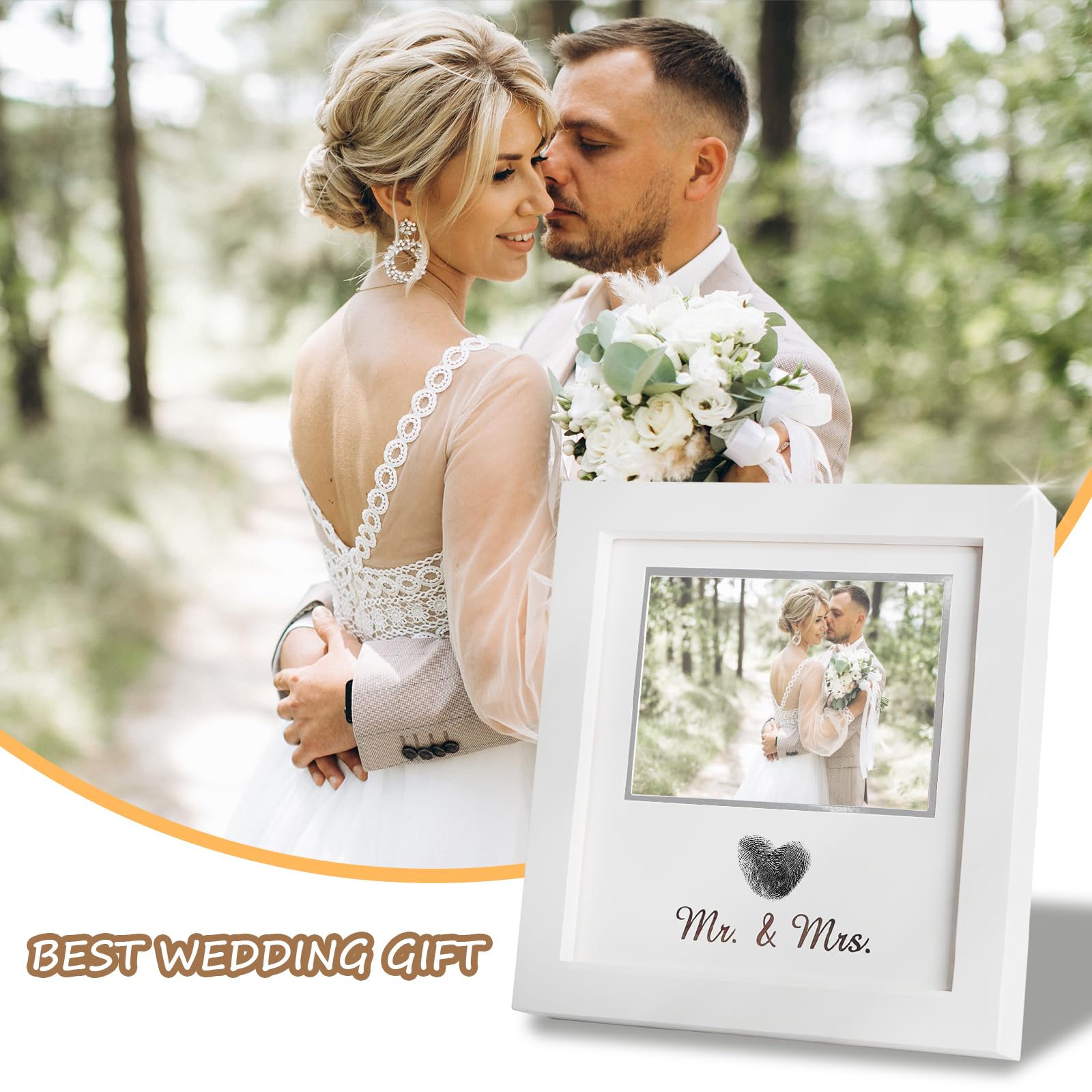 SEEBERY Heart Thumbprint Wedding Picture Frame with Ink Kit, Engagement Gifts for Couples Keepsake Wedding Registry Search Personalized Bridal Shower Gifts for Mr And Mrs Newlywed (White)
