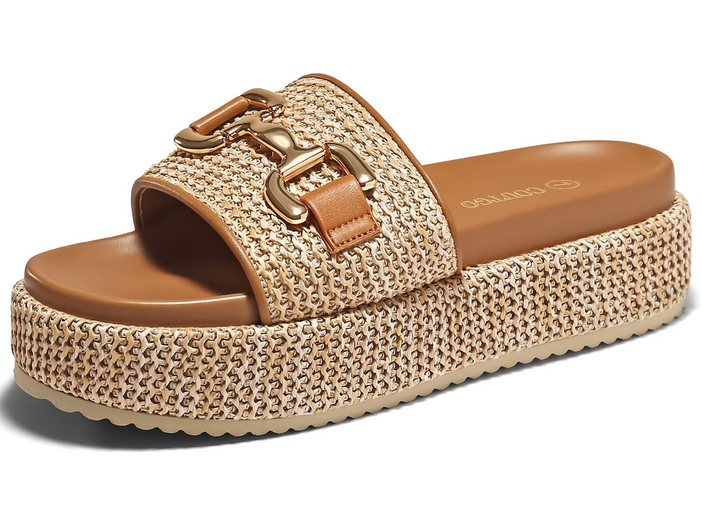 Coutgo Womens Platform Sandals Raffia Espadrilles Metal Chain Slip on Open Toe Cute Beach Slide Sandals