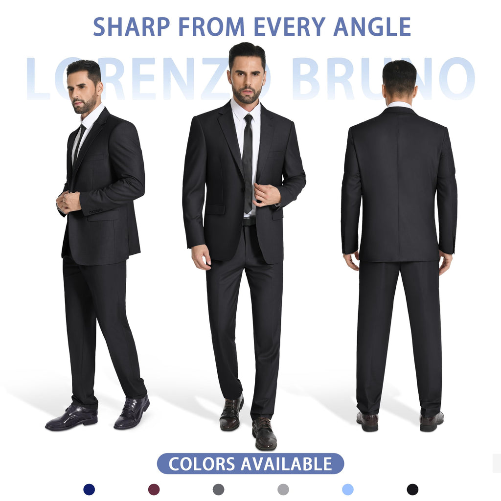 LORENZO BRUNO Mens Suit 2 Piece Black Suits for Men One Button Slim Fit Solid Jacket & Pants Tuxedo Set Business Wedding Party, Black, L
