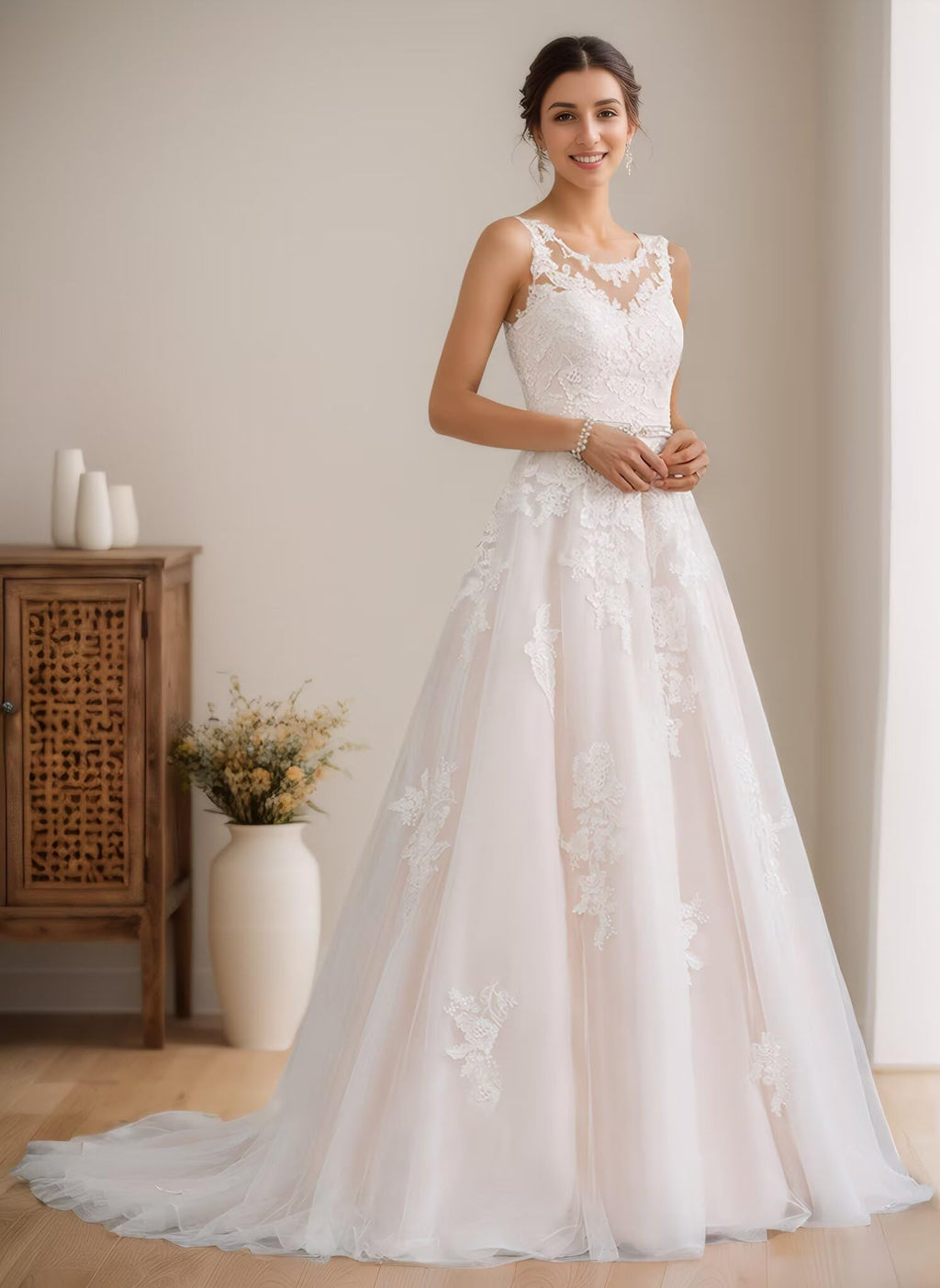 A-Line Bridal Gowns for Women Long Formal Wedding Dresses Lace Appliques Sleeveless Bridal Dresses for Bride 2026 Ivory 6 N1