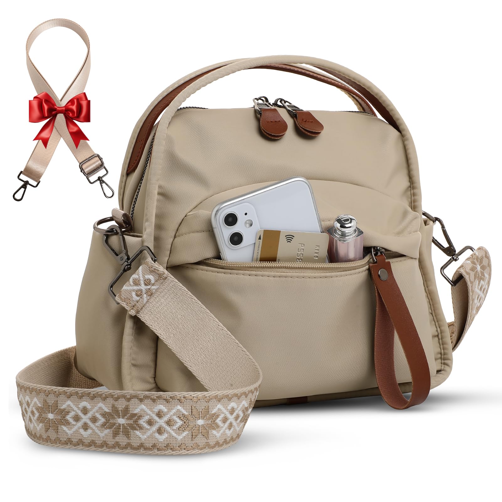 Nylon Crossbody Bags for Women, Water-Resistant Lightweight Shoulder bag with Large Capacity & Organized Design, Top Handle Bag with 2 Interchangeable Adjustable Shoulder Straps(Khaki)