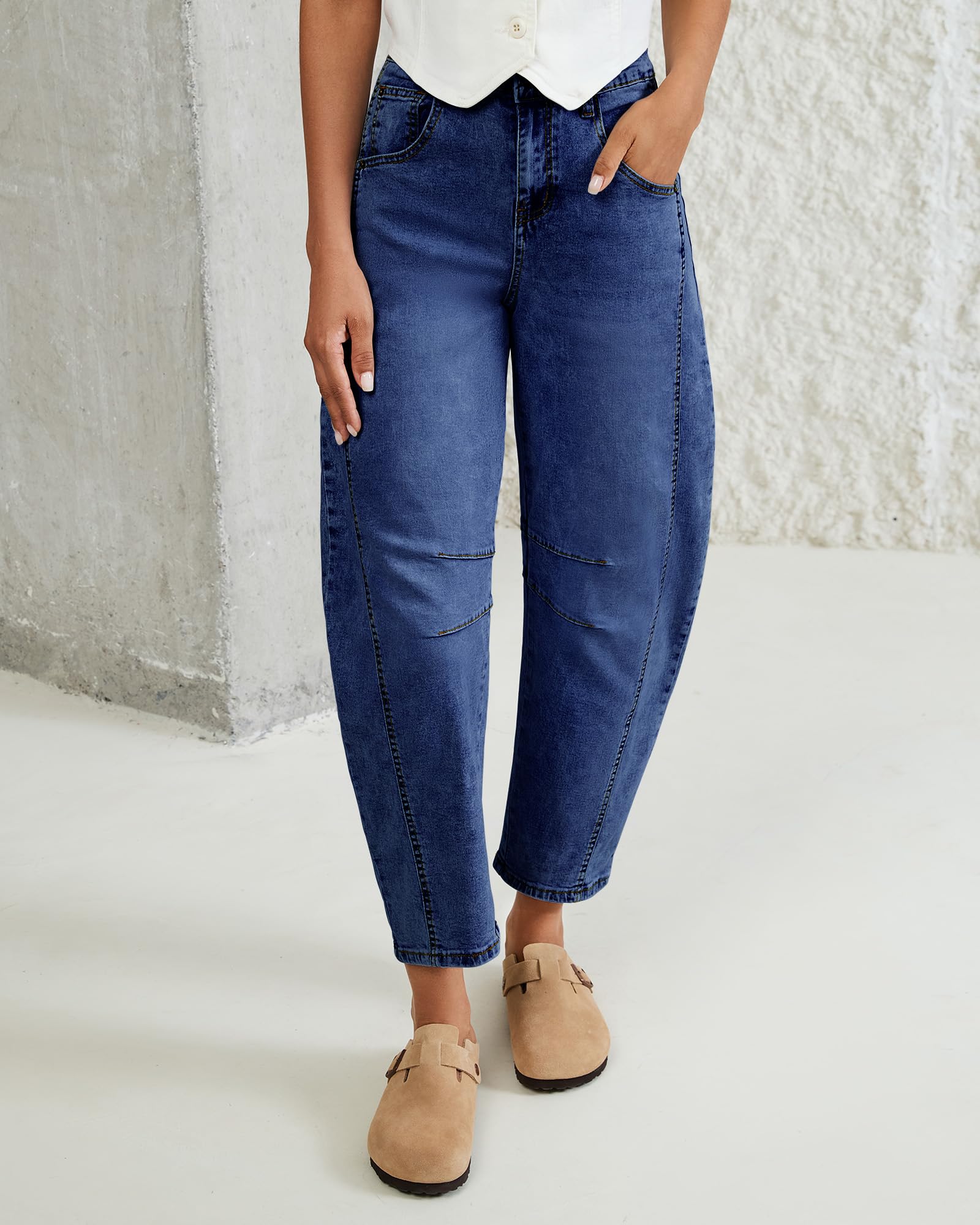 Vetinee High Rise Barrel Relaxed Fit Barrel Jeans for Women 26 Inseam Womens High Waisted Womens Jeans Size 14 Classic Blue Large