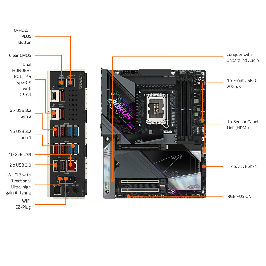 GIGABYTE Z890 AORUS Master Intel Core Ultra (Series 2) LGA 1851 Motherboard, ATX, DDR5, 5X M.2, PCIe 5.0, Thunderbolt 4, WIFI7, 10GbE LAN, EZ-Latch
