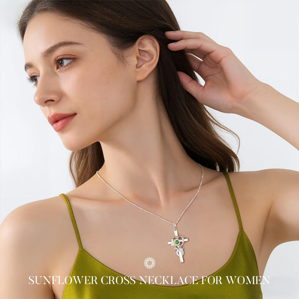 Iefil Mothers Day Gifts for Mom - First Time Mom Gifts | Sunflower Necklace, Simulated Emerald Cross Necklace for Women