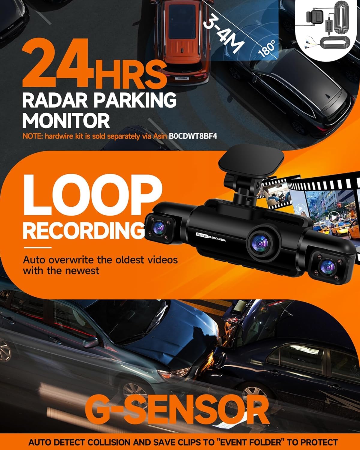 Neideso 360° Dash Cam Front and Rear Inside, 4 Channel FHD 4 * 1080P, Wi-Fi GPS Voice Control Car Camera, Front 2K+1080P*2 Dash Camera for Cars, with 64GB SD Card, Night Vision, 24H Parking Mode(N300)