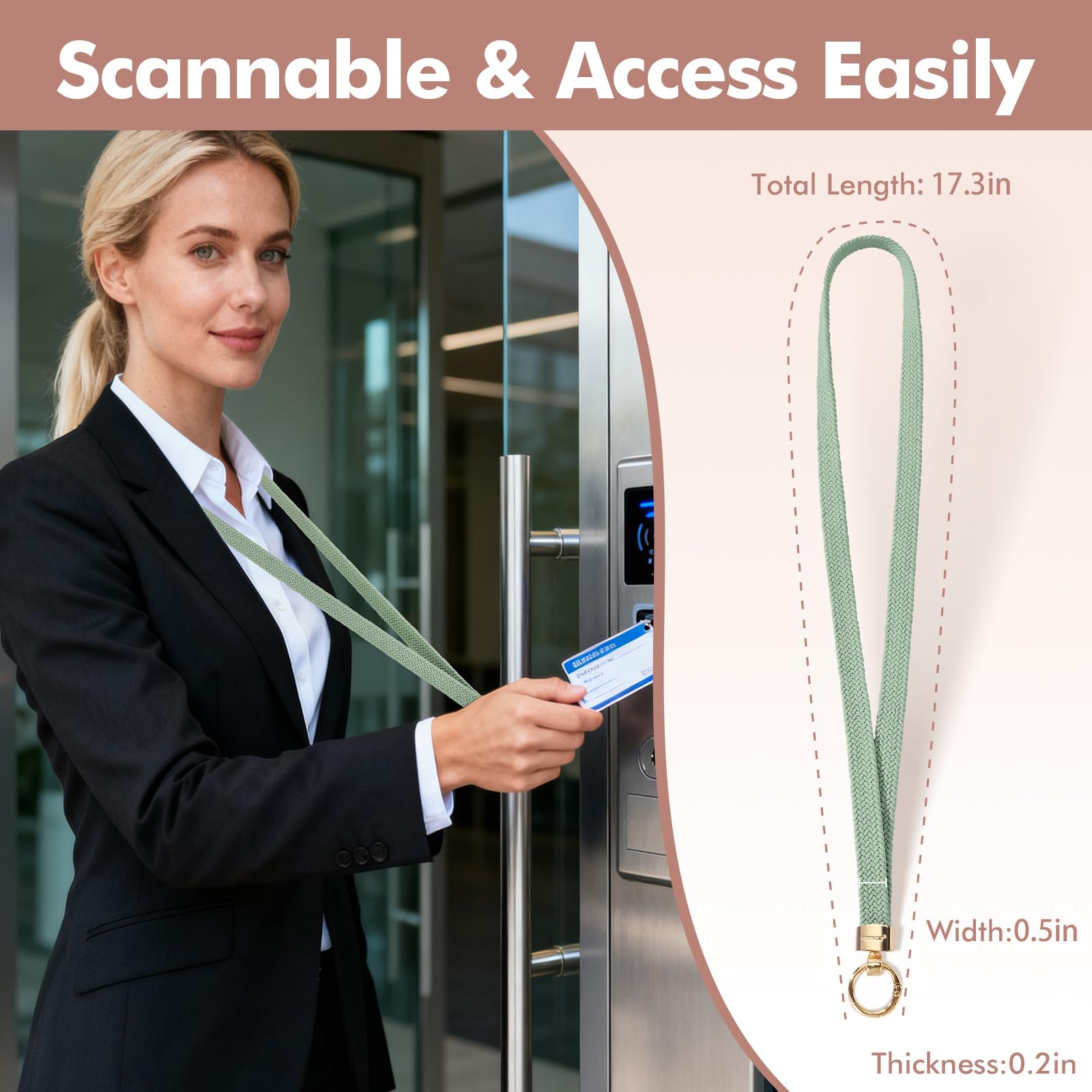 WEESMILE Stretchy Cute Lanyards for ID Badges, Thin Teacher Lanyard for Key, Long Neck Keychain ID Badge Lanyards for Women/Men (Sage Green)