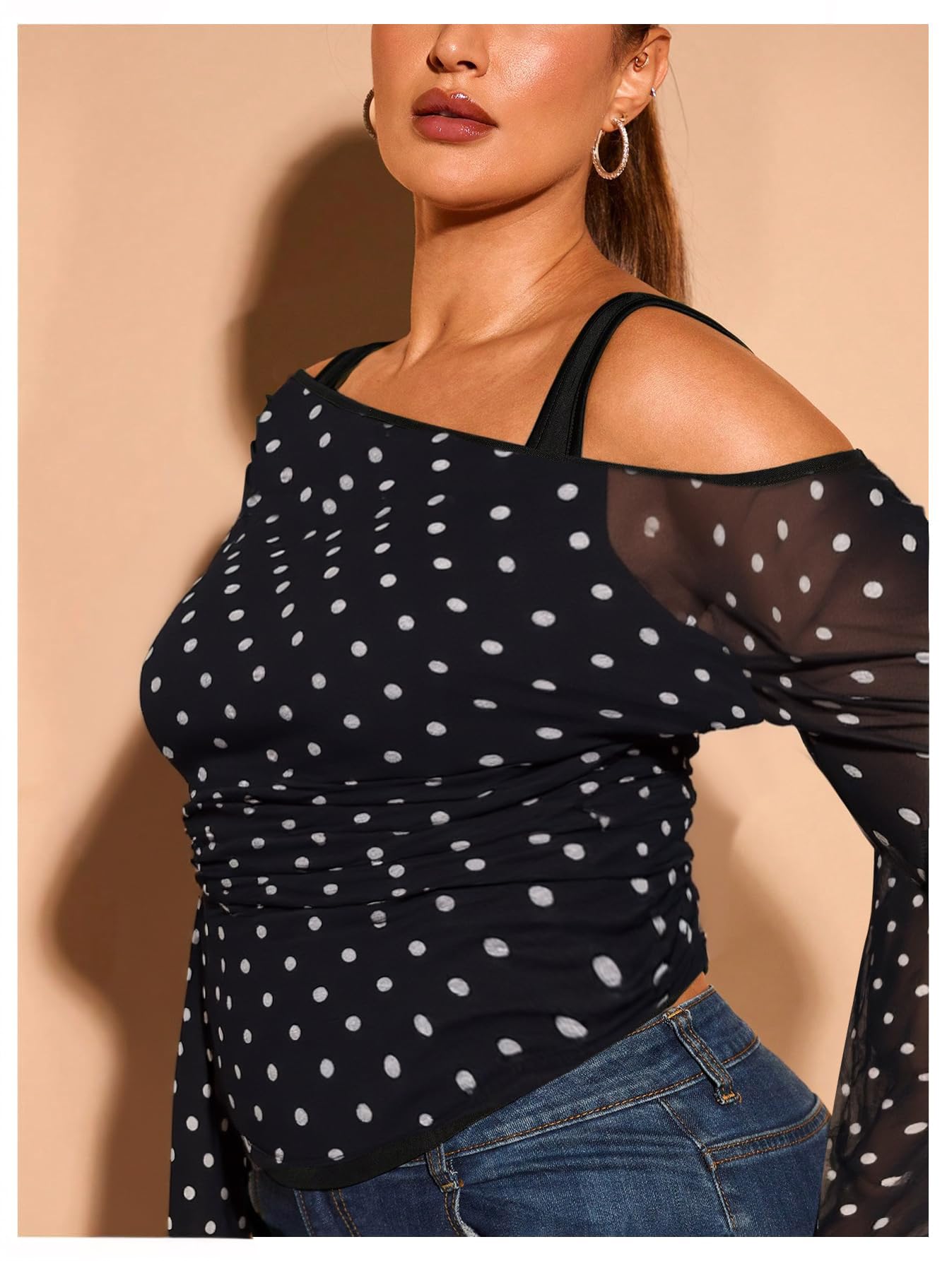 WDIRARA Women's Plus Size 2 in 1 Off Shoulder T Shirt Ruched Sheer Bell Long Sleeve Tee Black and White XX-Large Plus
