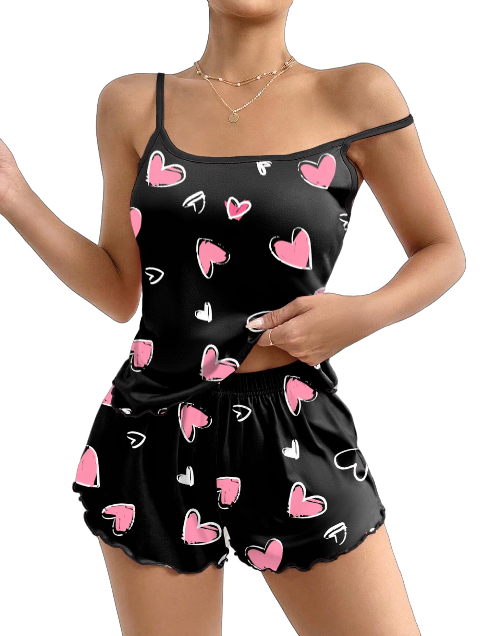Ekouaer Womens Cami Pajama Sets 2 Piece Cute Print Pjs Soft Tank Top & Elastic Waist Shorts Camisole Lounge Set Pink Heart M
