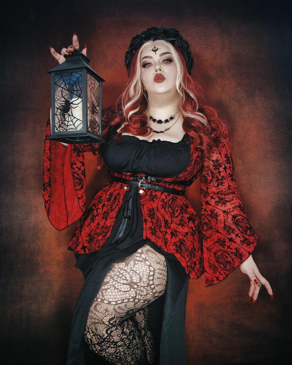 ROSE GAL Women Plus Size Flare Sleeves Ruffles Flower Lace Up 2 in 1 Top Long Sleeves Gothic Costume Top Bell Sleeves Twofer Tee(Red_2/2X)