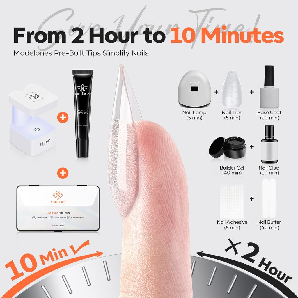 modelones X Nail Gel Kit Almond, 15Sizes Instant Apex False Nail Tips Solid Glue & Mini U/V Lamp, 240Pcs Medium Almond Pre-Building Thick Acrylic Press on Tips LED Light Extension Kit Women Gift