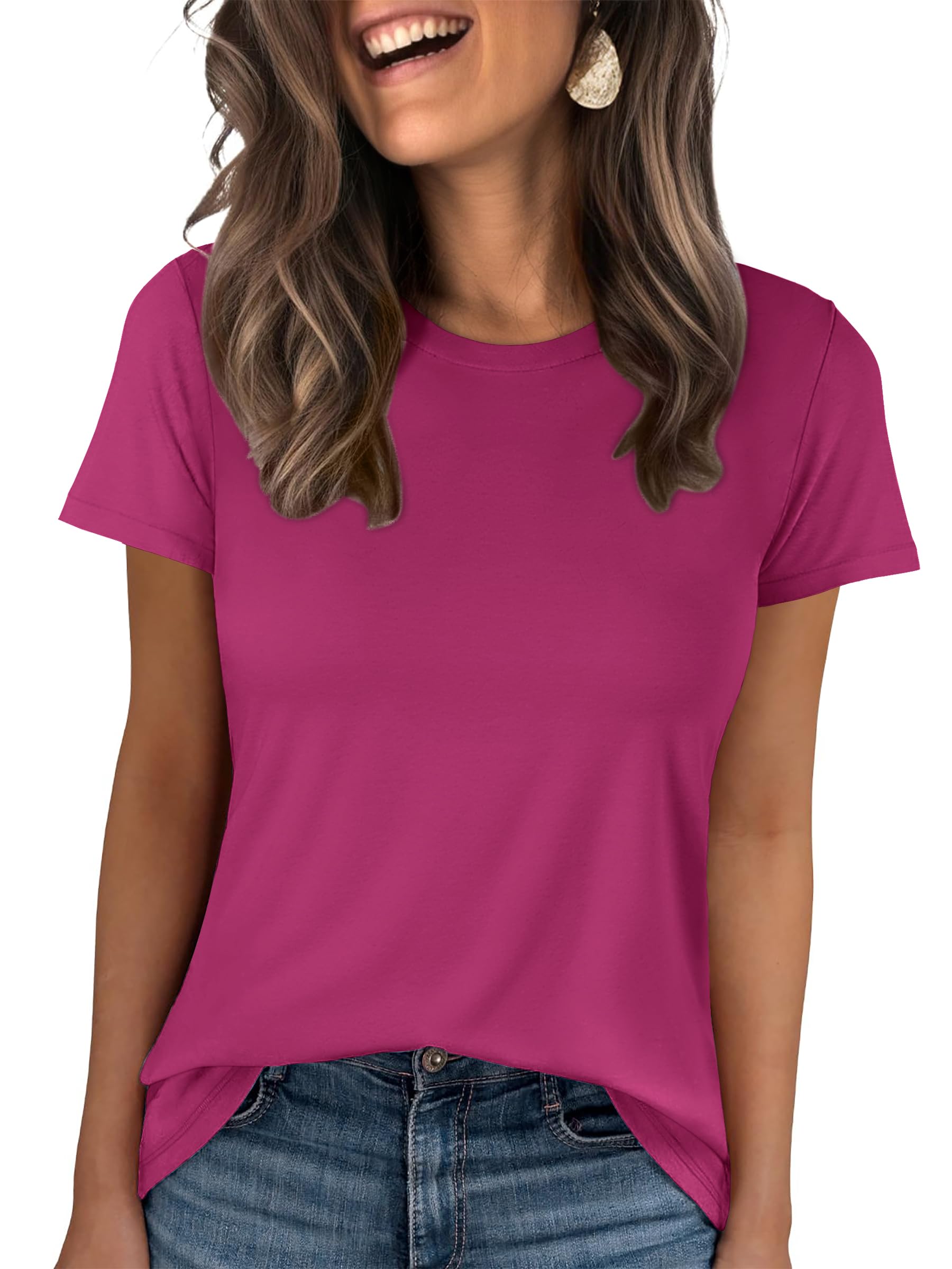 ANRABESS Women Short Sleeve Tops Summer Basic Tee Wrinkle-Free Trendy Cute T Shirts 2026 Spring Business Casual Outfits Hot Pink Large